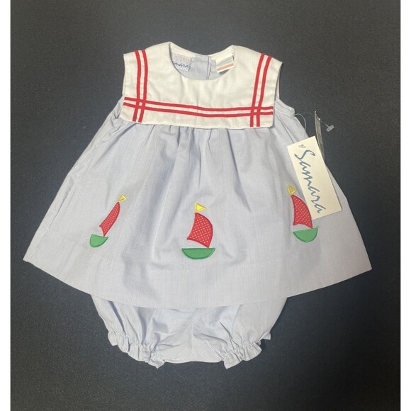 Vintage Girl’s Dress Size 6/9 Months Seersucker Sailboat NOS Bloomers NWT Blue - Picture 1 of 7
